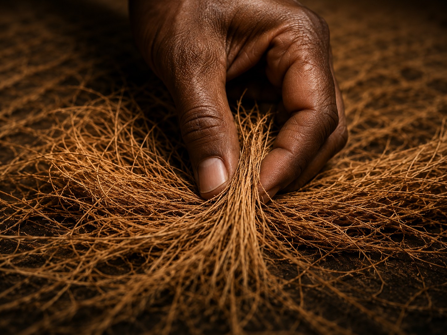 Skilled hands working natural coir fibers in warm light.