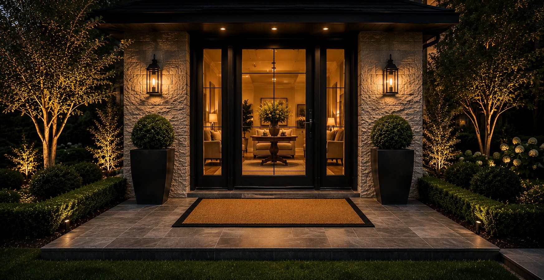 A warm luxury front entrance with a natural coir mat resting clearly at the threshold.