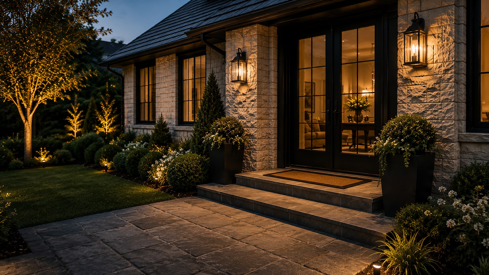 A refined home entrance viewed at an angle with a coir mat visible at the door.