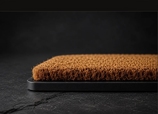 Low side profile of a dense natural coir mat set into a black rubber base on dark slate.