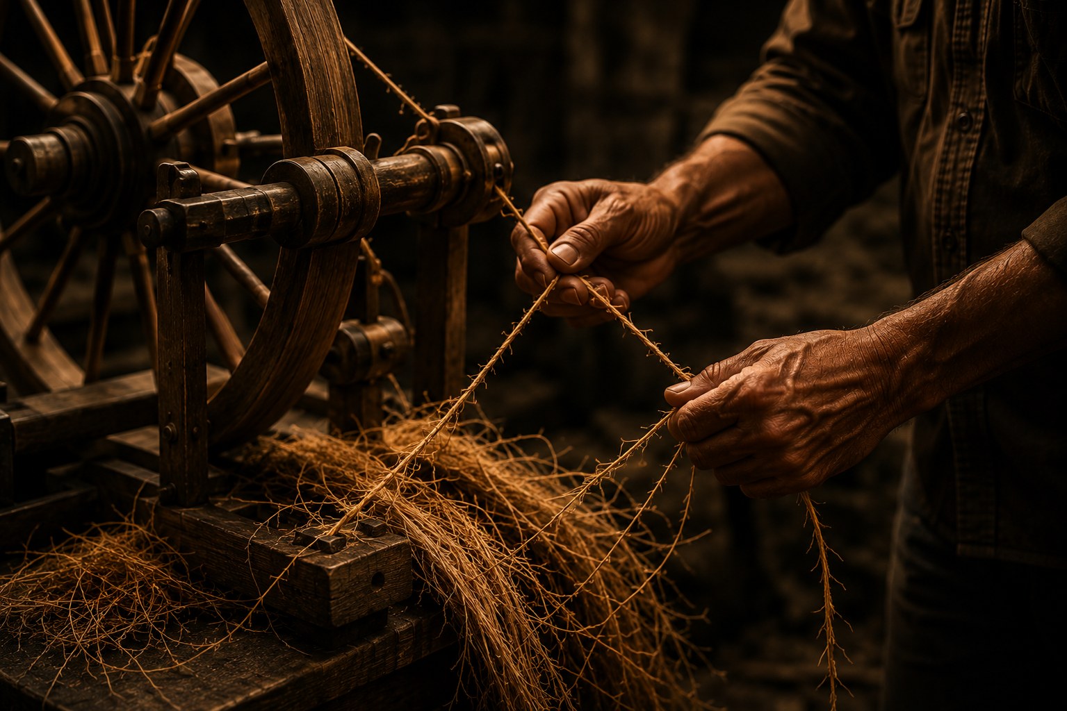An artisan working natural fibers at a spinning wheel in a warm workshop.