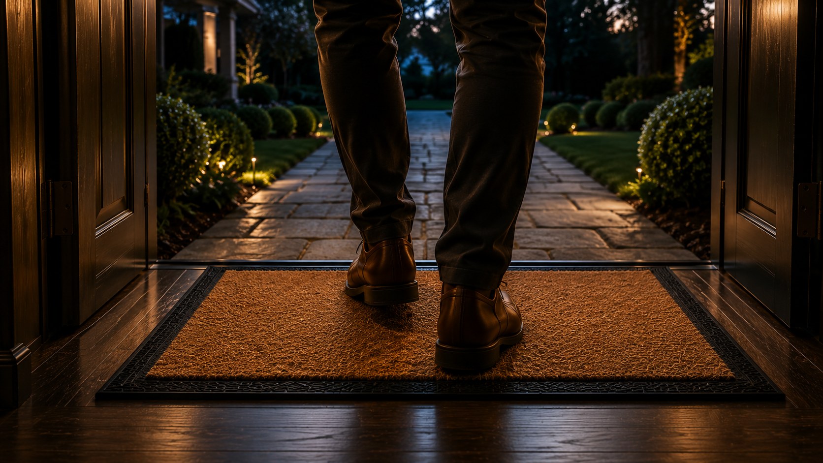An inside-looking-out view of shoes crossing a threshold over a coir mat.